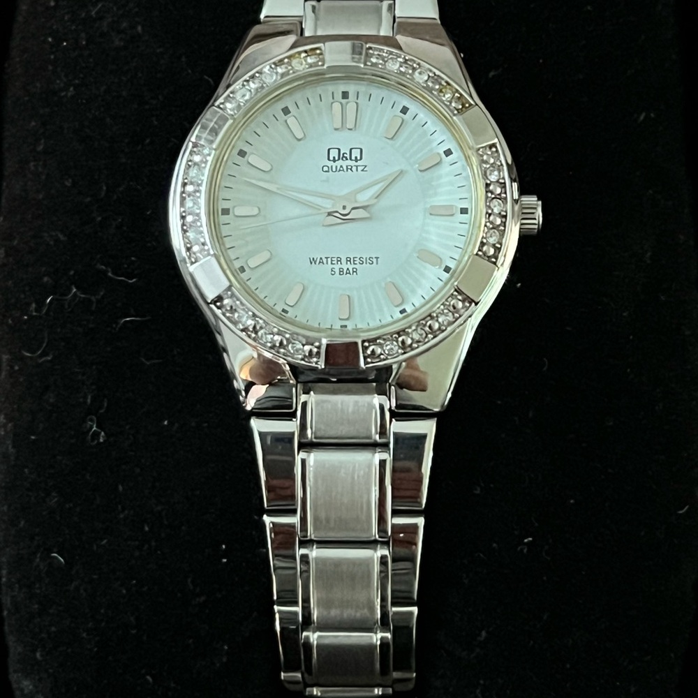 Q&Q Silver Quartz Watch with Crystal Accents